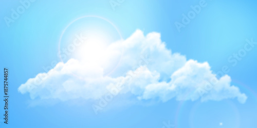 Blue sky in sunny day, bright sun shining through soft white clouds in a vibrant blue sky background vector illustration