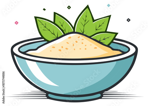 Bowl of healthy organic powder or grain porridge with fresh leaves garnish vector icon
