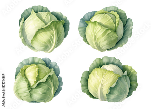 Organic garden cabbages illustrated in gentle watercolor texture.
