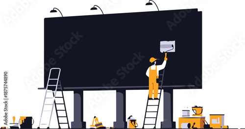 Worker in yellow overalls on ladder painting a large blank billboard, outdoor advertising construction, maintenance crew with paint buckets, illustration,