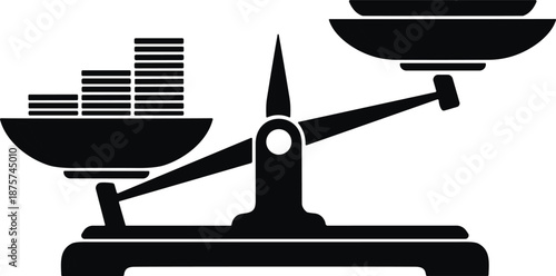 Black silhouette of a mechanical balance scale with stacks of coins on one side, financial weight comparison, legal justice symbol,