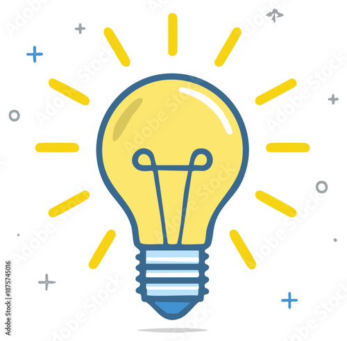 Bright yellow light bulb illustration glowing with rays symbolizing new ideas and creativity