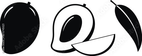 Black silhouette and line art of a mango fruit, half slice with pit, mango leaf, and fruit piece, tropical food icons,