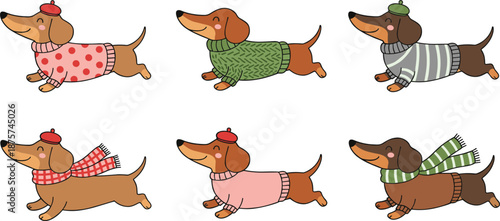 Cute cartoon dachshund sausage dog collection wearing winter sweaters hats and scarves for autumn and winter pet apparel concept