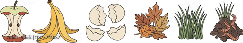 Flat vector set of 6 composting materials apple core banana peel egg shells dry leaves grass clippings and worm