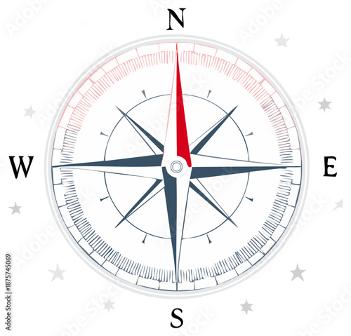 Navigational Compass Icon with Red Needle for Direction Travel and Exploration