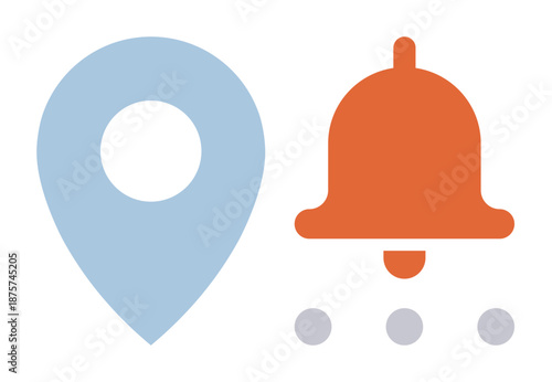 Notifications, geolocation services, reminders, alerts, communication, tracking. Blue location pin and orange bell icon with dots below. Notifications and geolocation concepts