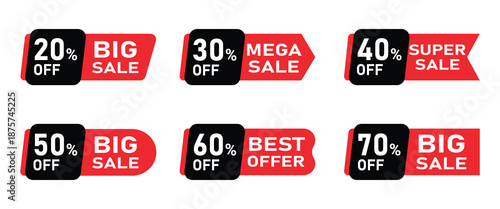 Red and black sale banner and badge vector set with price labels, discount stickers. big sale, mega sale, price tags discount, best sale red tag template.