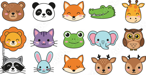Cute cartoon animal faces collection featuring bear panda fox crocodile giraffe lion cat frog elephant owl raccoon and rabbit stickers