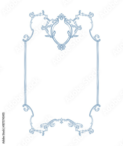 Vintage frame. Baroque frame for сlassic wedding invitation decor, greeting card, book cover, and save the date. Whimsical Victorian frame, ornate with linear hand drawn acanthus leaves and florals.