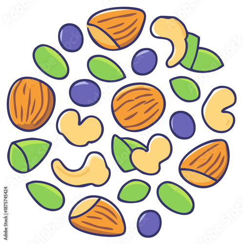 Assorted nuts arrangement almond cashew blueberry food mix nutrition snack flat lay