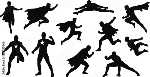 Black silhouettes of superheroes in action poses, flying, jumping, and fighting, comic book hero characters with capes isolated on white background,