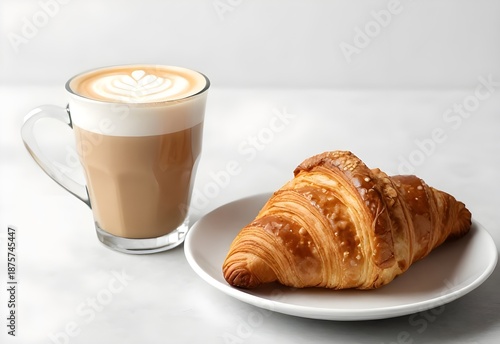 A fresh French croissant and a cup of espresso coffee served on a white plate make a delicious morning breakfast at a cafe