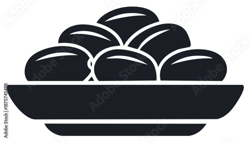 Minimalist black silhouette icon depicting a bowl overflowing with olives, healthy snacks, or small candies.