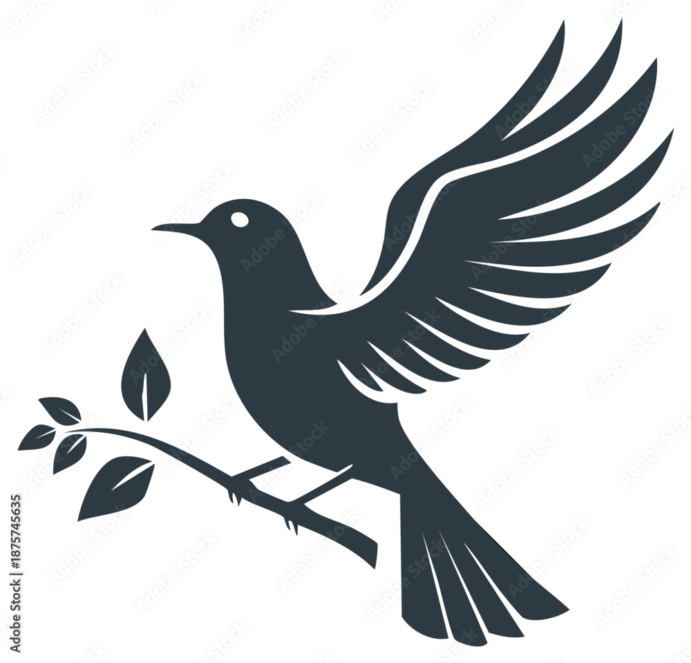 Fototapeta premium Elegant bird silhouette with open wings perched on a leafy branch vector icon