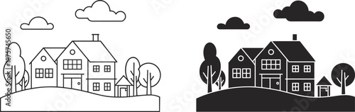 Line art and black silhouette of a cozy suburban house with trees and clouds, residential building architecture, home property icons,