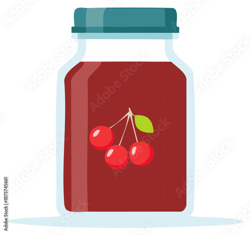 Illustration of jar filled with cherry preserves with green lid and cherry graphic