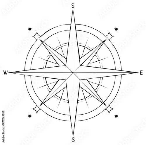 Classic Mariner's Compass Rose with North, South, East, West cardinal points, stars, and intricate radial lines