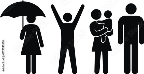 People and family pictogram set featuring a woman with umbrella, happy man, mother holding baby, and standing male figure, black