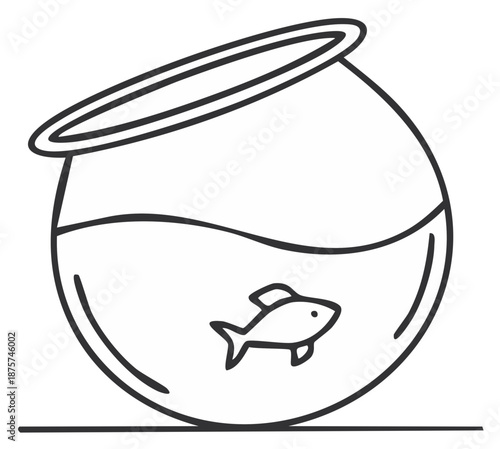 Simple line art illustration of a fishbowl with a small fish swimming in water tilted at an angle graphic
