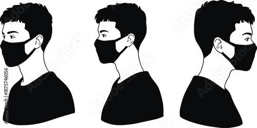 Set of young men silhouettes wearing black face masks for protection, male profiles in protective medical masks, healthcare and safety