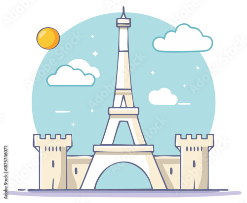 Cartoon style illustration of a famous European tower with sun and clouds.