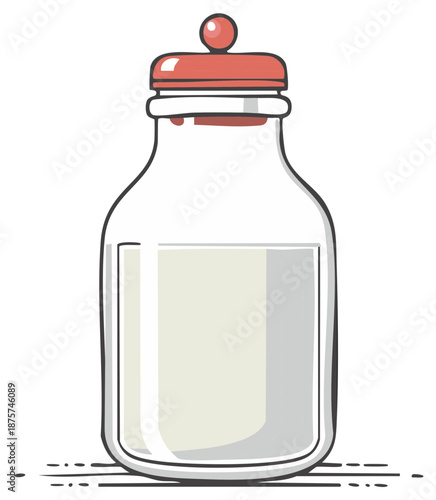 Simple hand drawn illustration of a classic glass milk bottle with a red cap