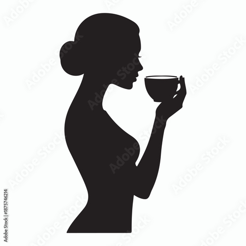 Elegant woman sipping coffee in a serene moment silhouette vector illustration