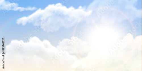 Bright sun shining through soft white clouds in blue sky background, cumulus effect in sunny day vector illustration