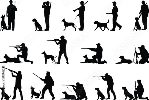Black silhouettes of hunters with rifles and hunting dogs in various poses, sportsmen with guns and hounds isolated on white,