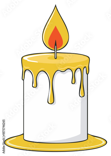 Isolated Burning Candle Illustration with Bright Flame and Melting Wax