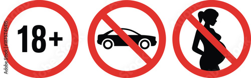 Set of alcohol restriction warning icons featuring eighteen plus age limit, no drinking while driving, and no alcohol during pregnancy,