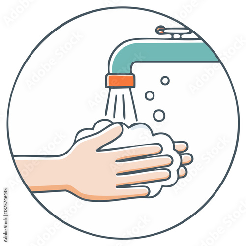 Washing Hands with Soap and Running Water Under Faucet Illustration