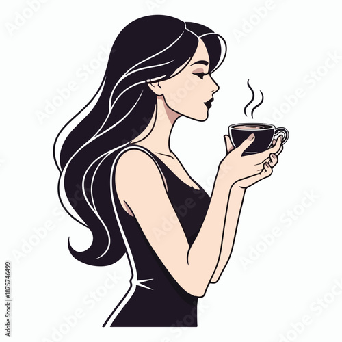 Woman enjoying a cup of coffee in a relaxed moment silhouette vector illustration
