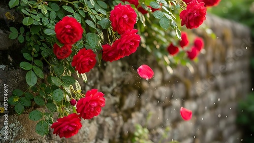 Vibrant Red Roses Blooming on Brick Wall with Raindrops in Soft Natural Light