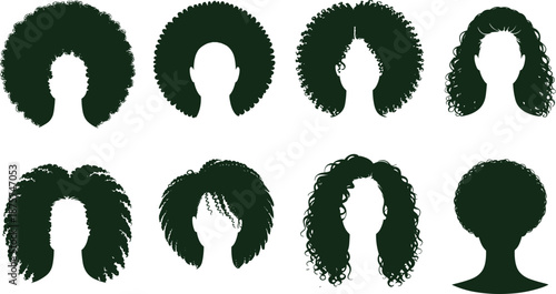 Stylized green silhouette icons of curly and afro-textured hairstyles, ideal for fashion, identity, and cultural vector illustrations.