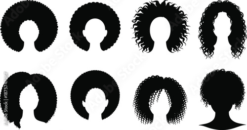 Curly afro hairstyle silhouette set for women, black vector hair shapes featuring natural curls, volume, and textured styles for beauty and fashion design
