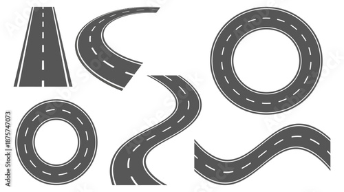 Curved highway and winding road vector set featuring different perspectives with white lane markings for maps, traffic design, transportation graphics, posters, branding, web design, and creative proj