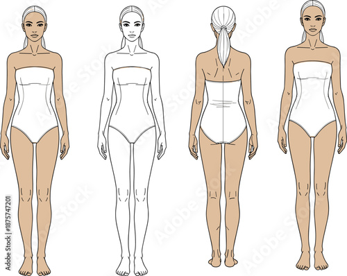 Female fashion figure template showing front and back views, realistic body proportions in swimsuit, vector illustration for clothing design, tailoring, and apparel development