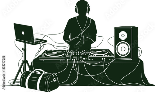 Stylized DJ booth setup with turntables, mixer, laptop, and speaker in monochrome green illustration for music production, nightlife, and entertainment themes.