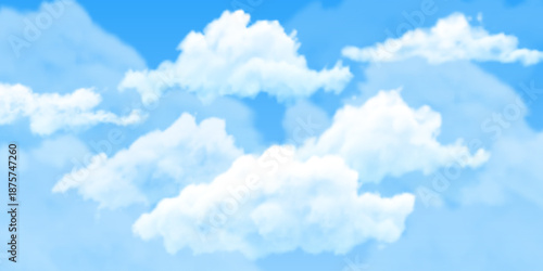 Blue sky background, cloudy weather, vector realistic cloudscape with fluffy clouds on blue sky, heaven cumulus effect