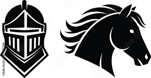 Black and white vector illustration of knight helmet and horse head silhouette for medieval, fantasy, and historical design applications.