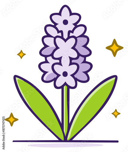 Stylized illustration of a purple hyacinth flower with green leaves and sparkling accents