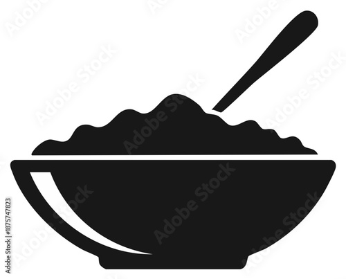 Black silhouette icon of a bowl filled with food and a spoon ready for a meal