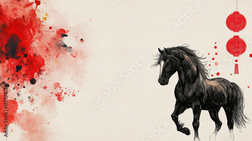 Zodiac horse illustration with red ink splash and Chinese lantern elements.