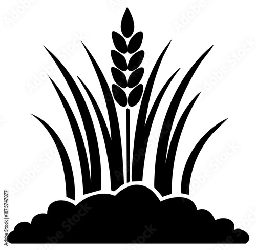 Black and white wheat illustration with grass and soil elements