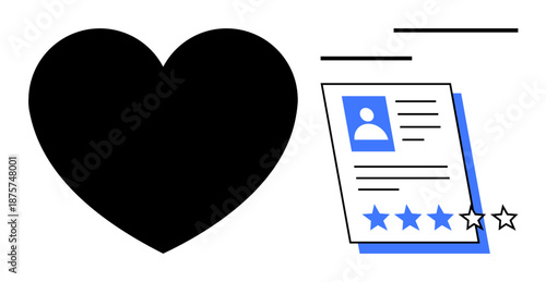 Black heart beside a profile sheet with a photo and a four-star rating, highlighting evaluation and appreciation. Ideal for recruitment, reviews, feedback, satisfaction, love, loyalty, simple flat