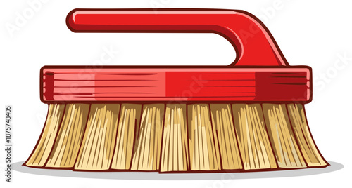 Red scrub brush illustration for cleaning housework, dishwashing, laundry and household supplies, cartoon style.
