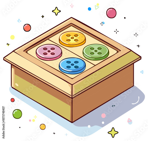 Whimsical wooden storage box with four colorful sewing buttons neatly organized in sections
