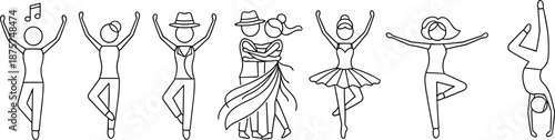 Stylized stick figure silhouettes in diverse dance poses representing ballet, freestyle, ballroom, and breakdance for vector choreography design content
